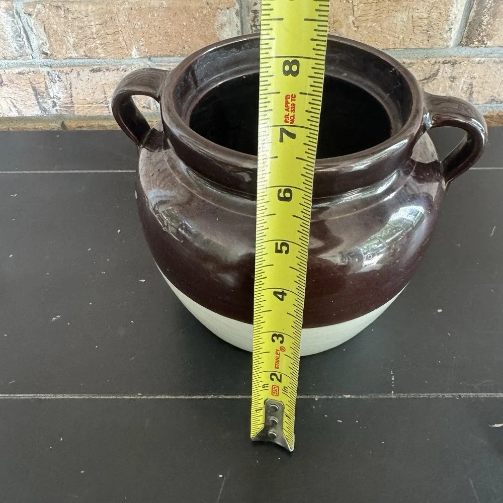 Vintage Stoneware Crock Jar w/ Handles 2 qt Bean Pot Primitive Mid Century